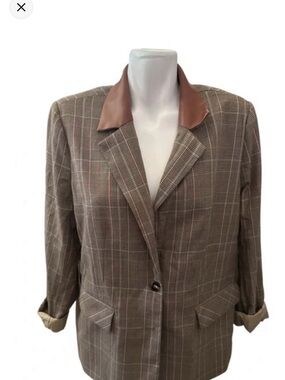 Steve Madden Brown Plaid Blazer with Leather-Look Collar